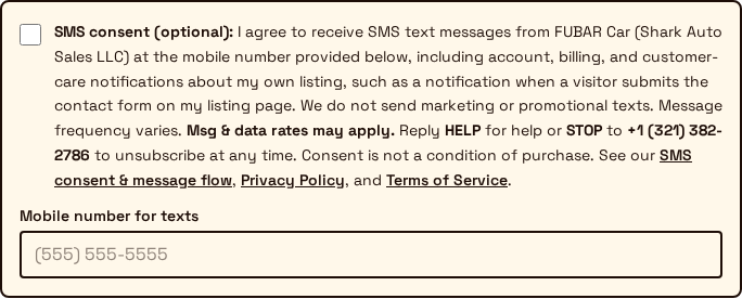 Close-up of the unchecked optional SMS consent checkbox and its exact disclosure language