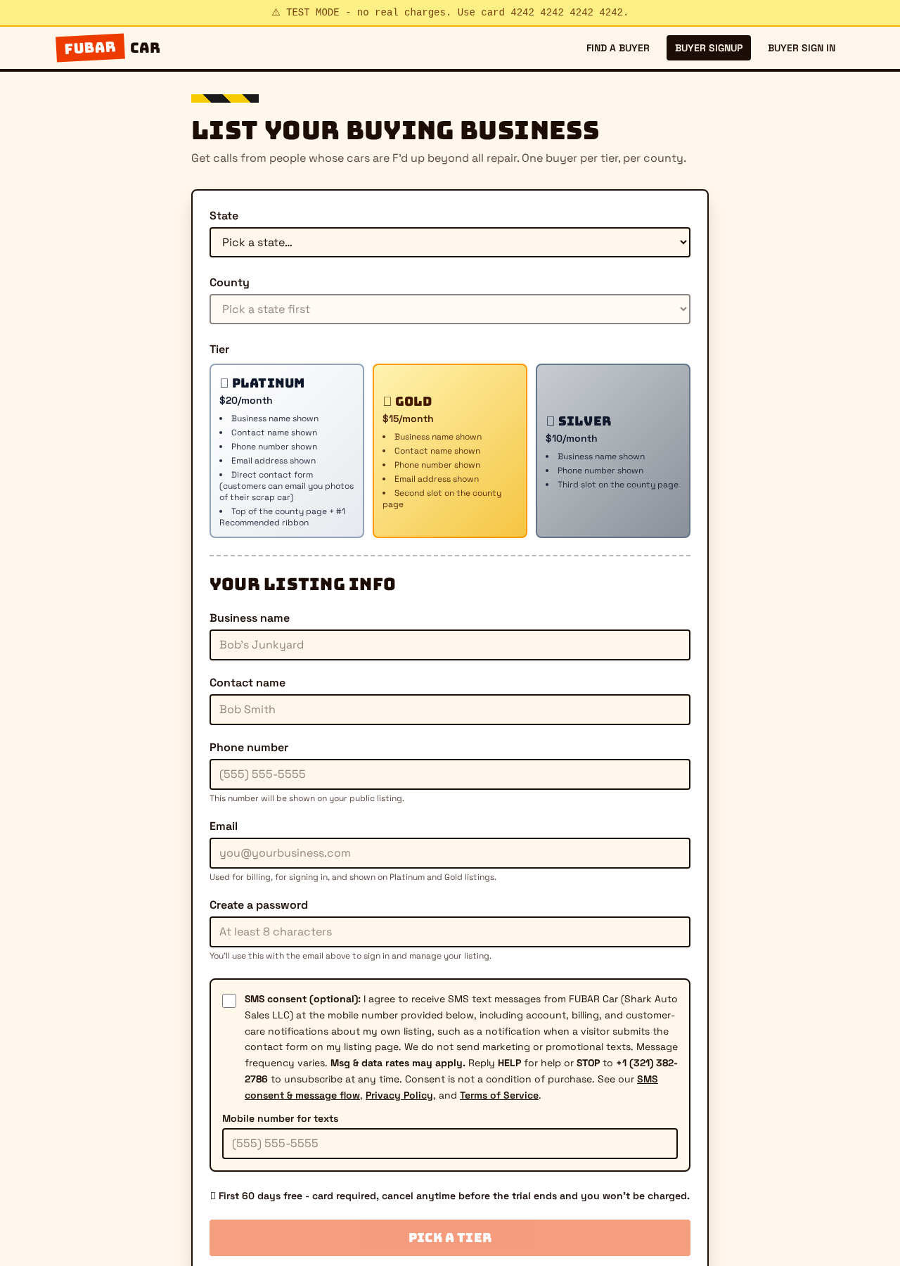 Full public FUBAR Car buyer signup form showing state, county, tier, business details, and the optional SMS consent checkbox